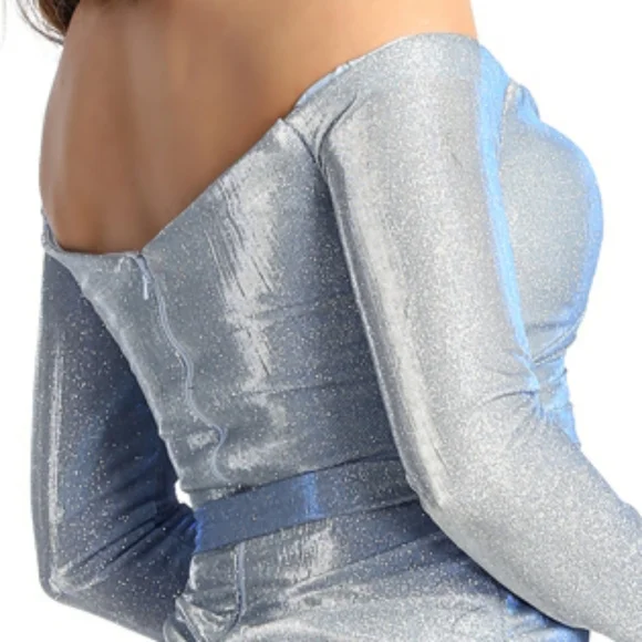 Long sleeve fitted short dusty blue dress with shimmer fabric. - Picture 5 of 6